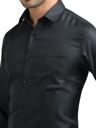 Model wearing Clarke Gable's Dark Navy Checked Formal Shirt in a casual setting