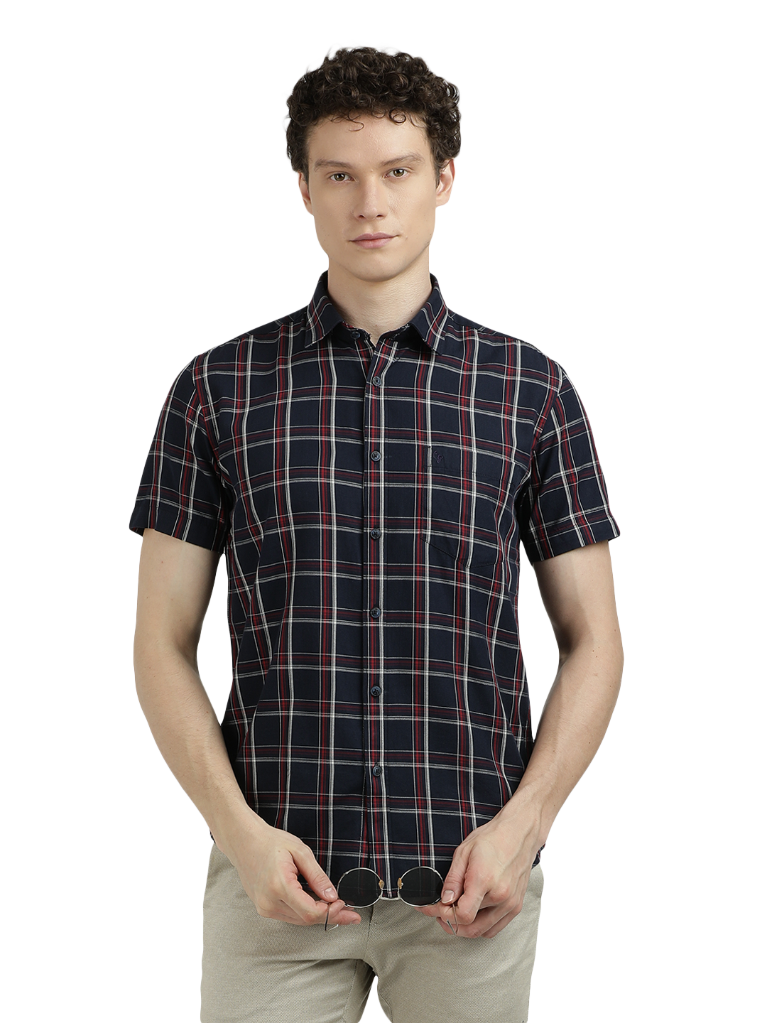 Model wearing Clarke Gable's Dark Navy Checked Semi Casual Shirt in a casual setting