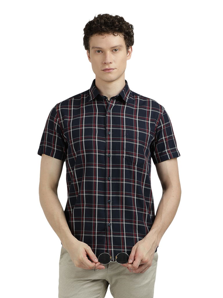 Model wearing Clarke Gable's Dark Navy Checked Semi Casual Shirt in a casual setting