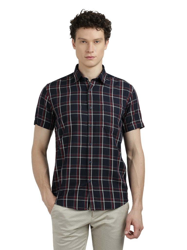 Model wearing Clarke Gable's Dark Navy Checked Semi Casual Shirt in a casual setting