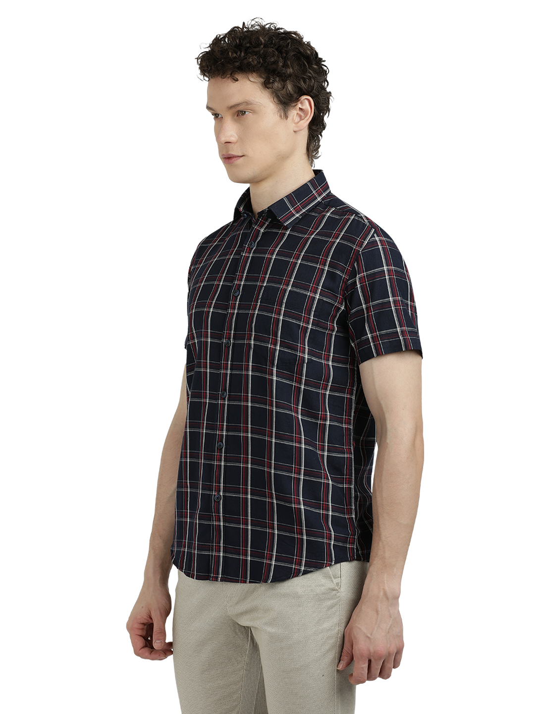 Model wearing Clarke Gable's Dark Navy Checked Semi Casual Shirt in a casual setting