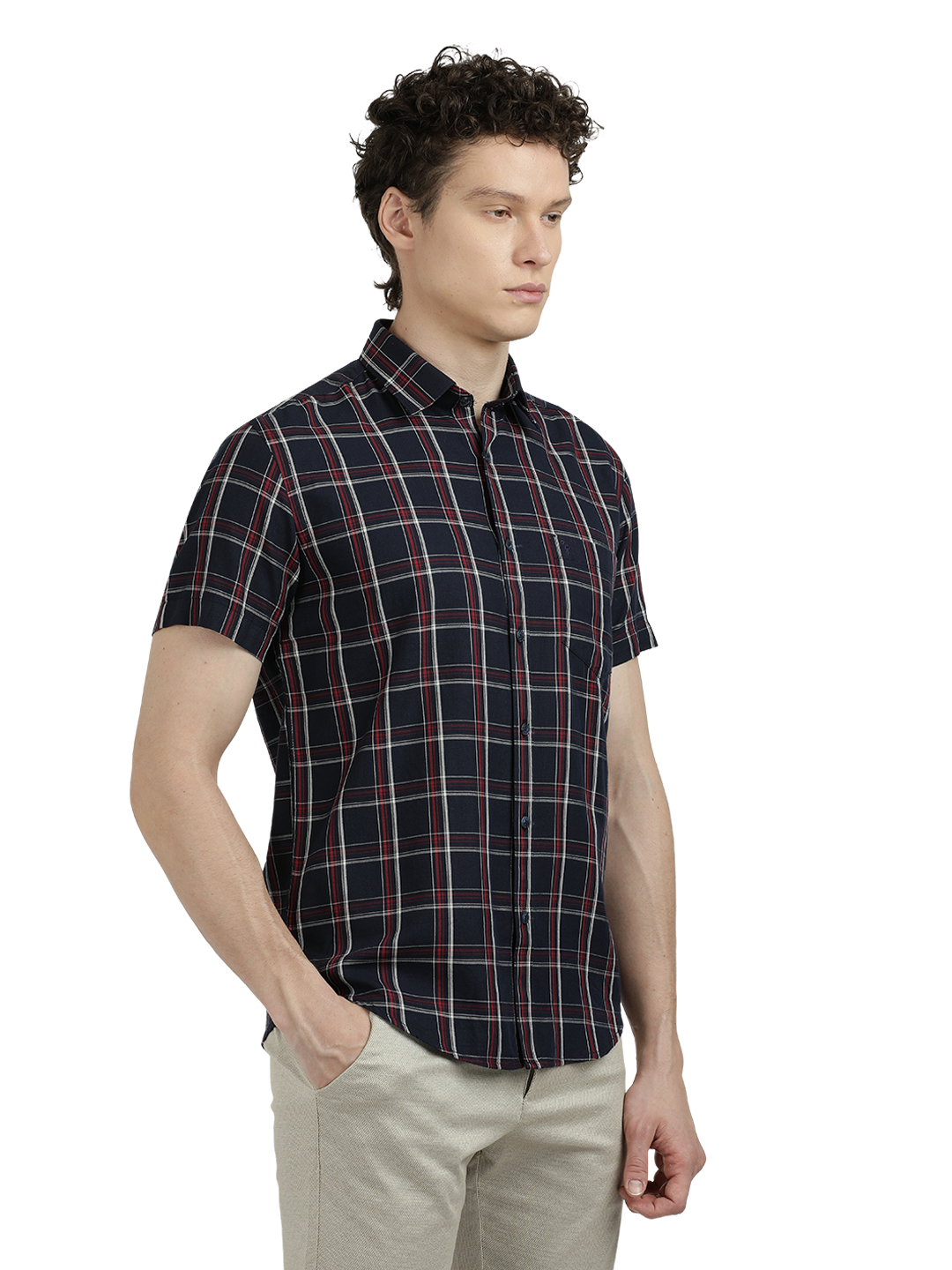 Model wearing Clarke Gable's Dark Navy Checked Semi Casual Shirt in a casual setting