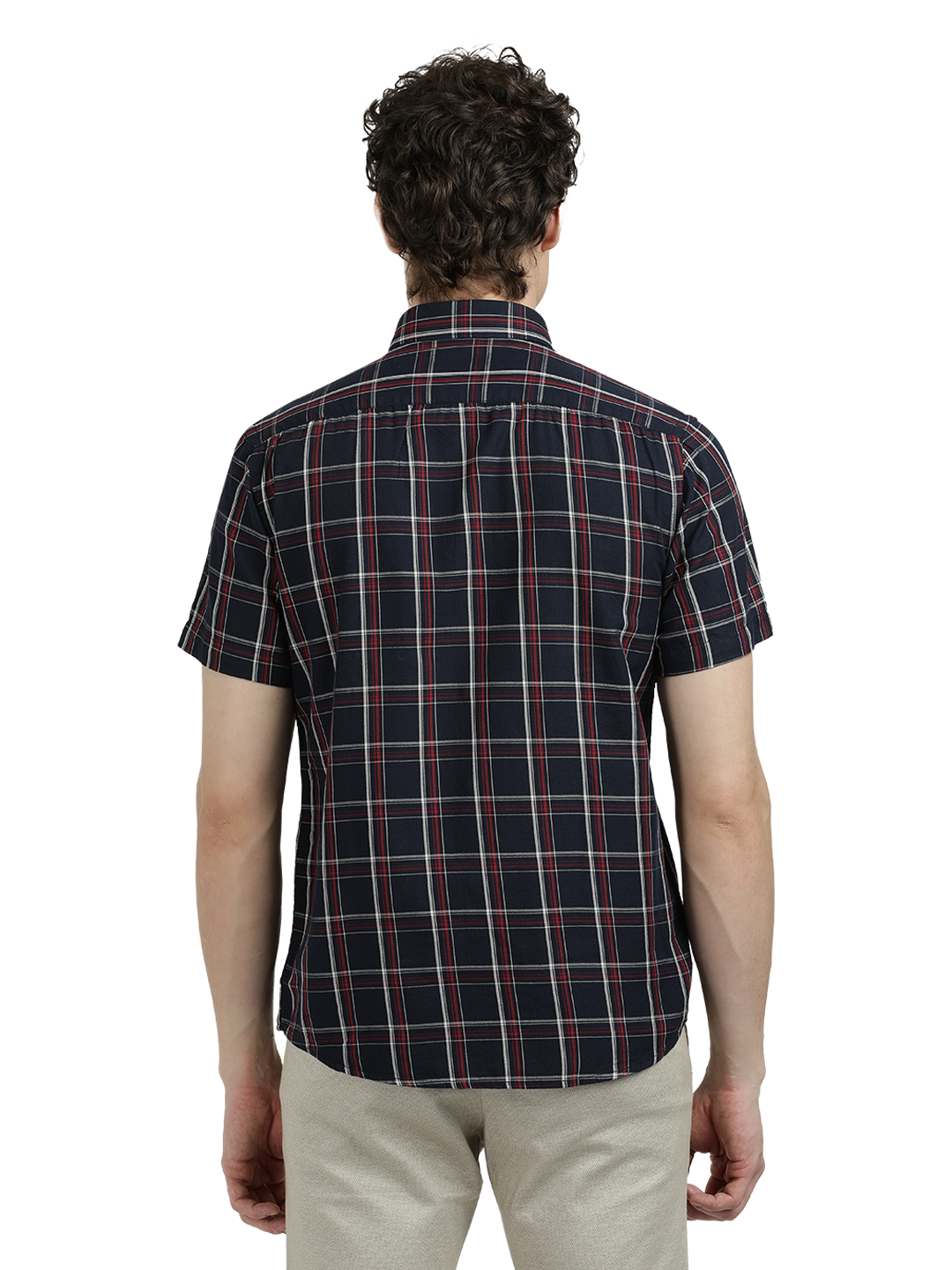 Model wearing Clarke Gable's Dark Navy Checked Semi Casual Shirt in a casual setting