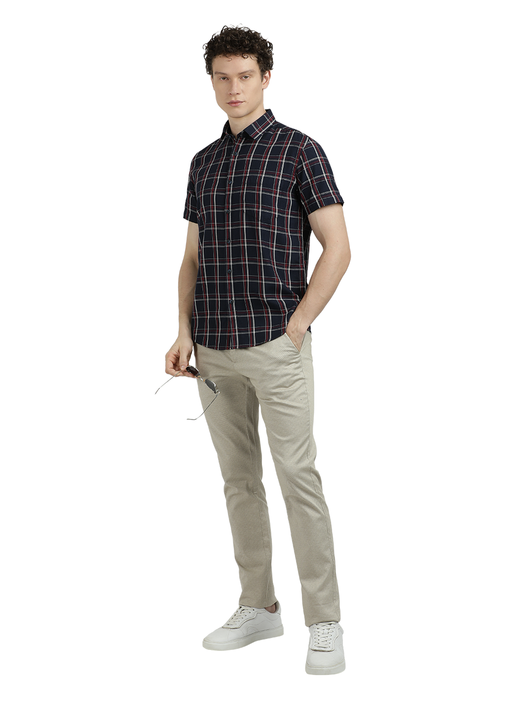 Model wearing Clarke Gable's Dark Navy Checked Semi Casual Shirt in a casual setting