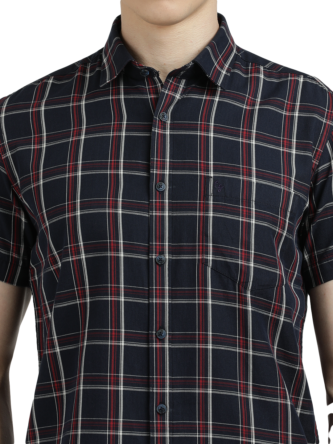 Model wearing Clarke Gable's Dark Navy Checked Semi Casual Shirt in a casual setting