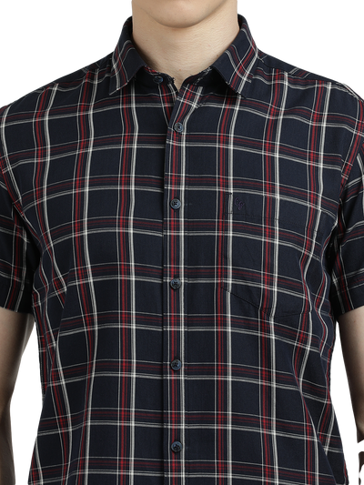 Model wearing Clarke Gable's Dark Navy Checked Semi Casual Shirt in a casual setting