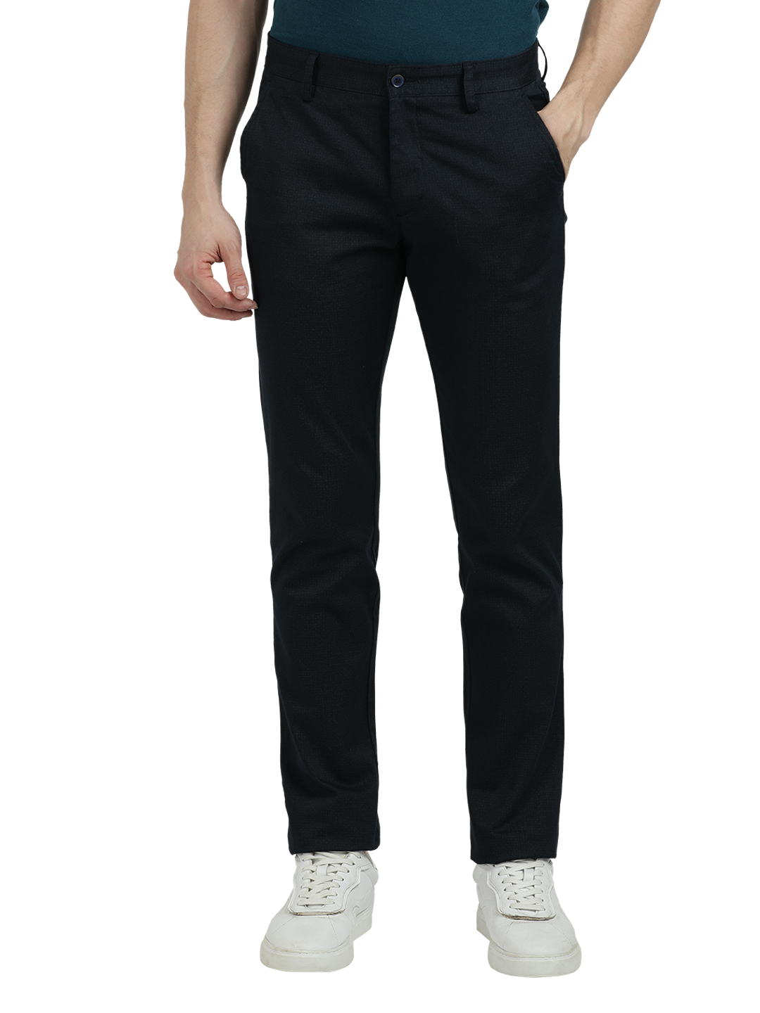 Model wearing Clarke Gable's Dark Navy Custom Fit Trousers in a casual setting