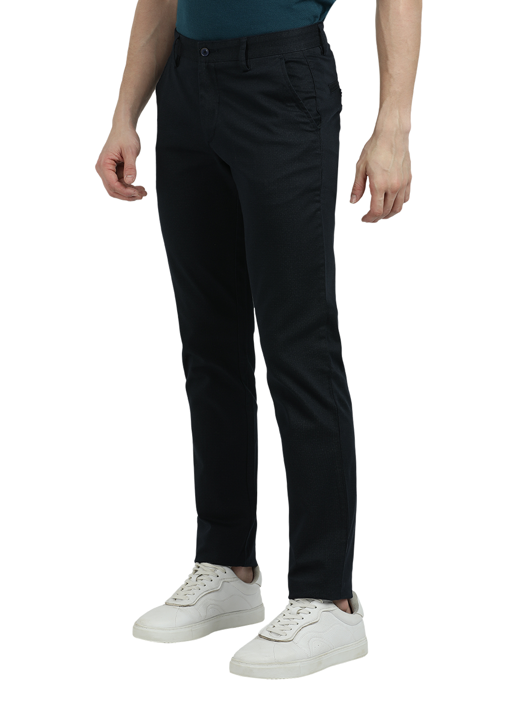 Model wearing Clarke Gable's Dark Navy Custom Fit Trousers in a casual setting