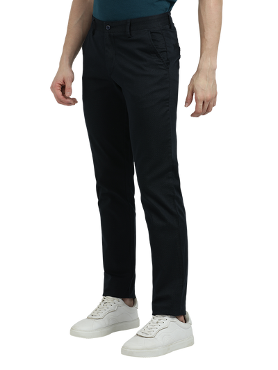 Model wearing Clarke Gable's Dark Navy Custom Fit Trousers in a casual setting