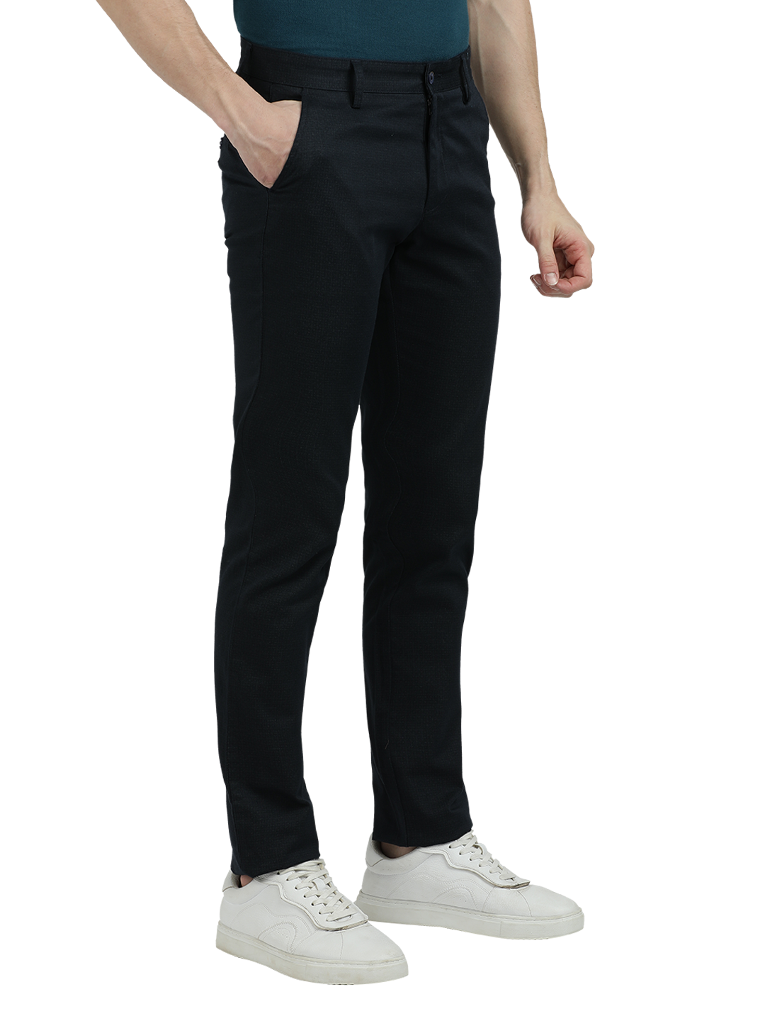 Model wearing Clarke Gable's Dark Navy Custom Fit Trousers in a casual setting