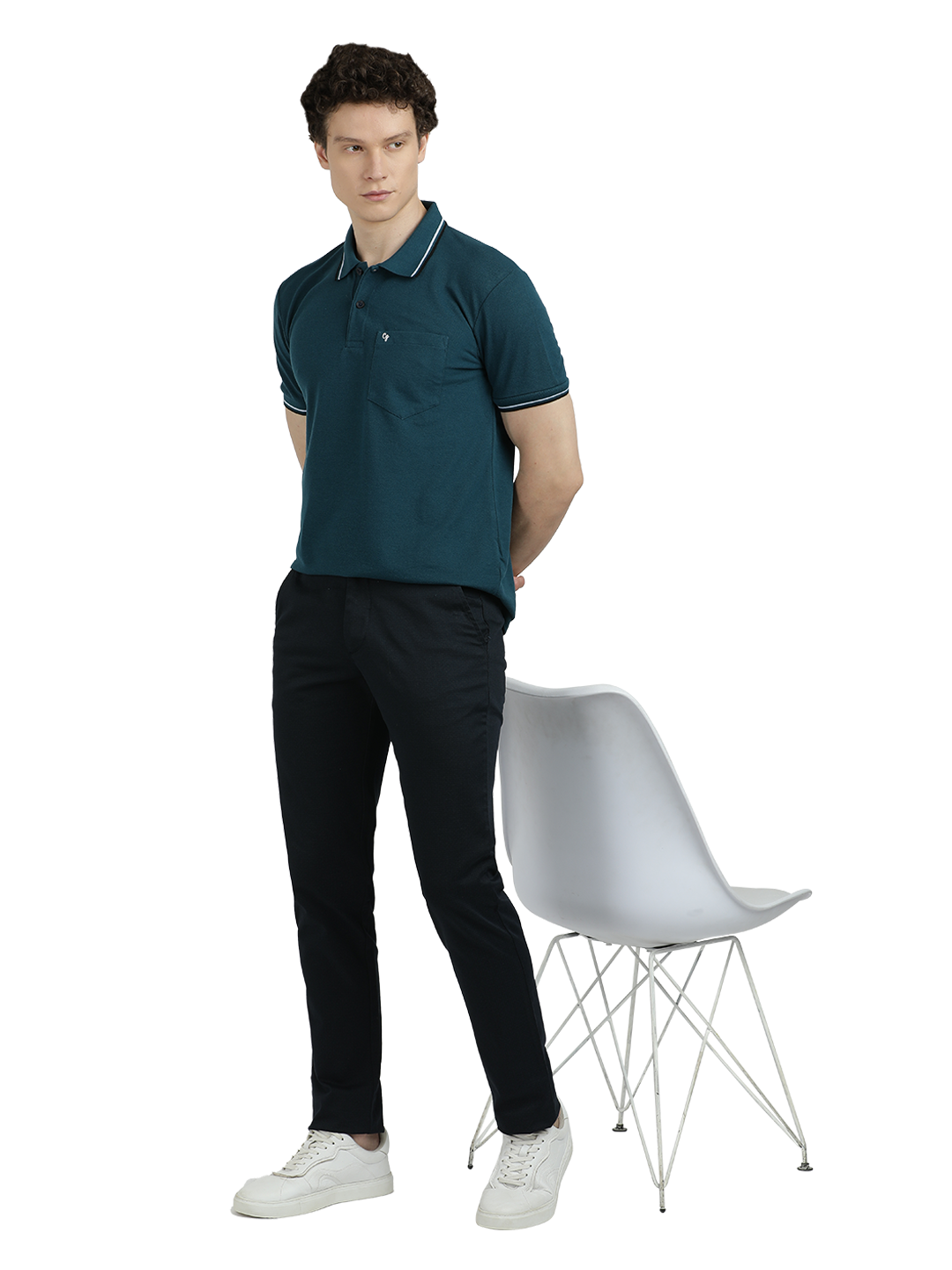 Model wearing Clarke Gable's Dark Navy Custom Fit Trousers in a casual setting