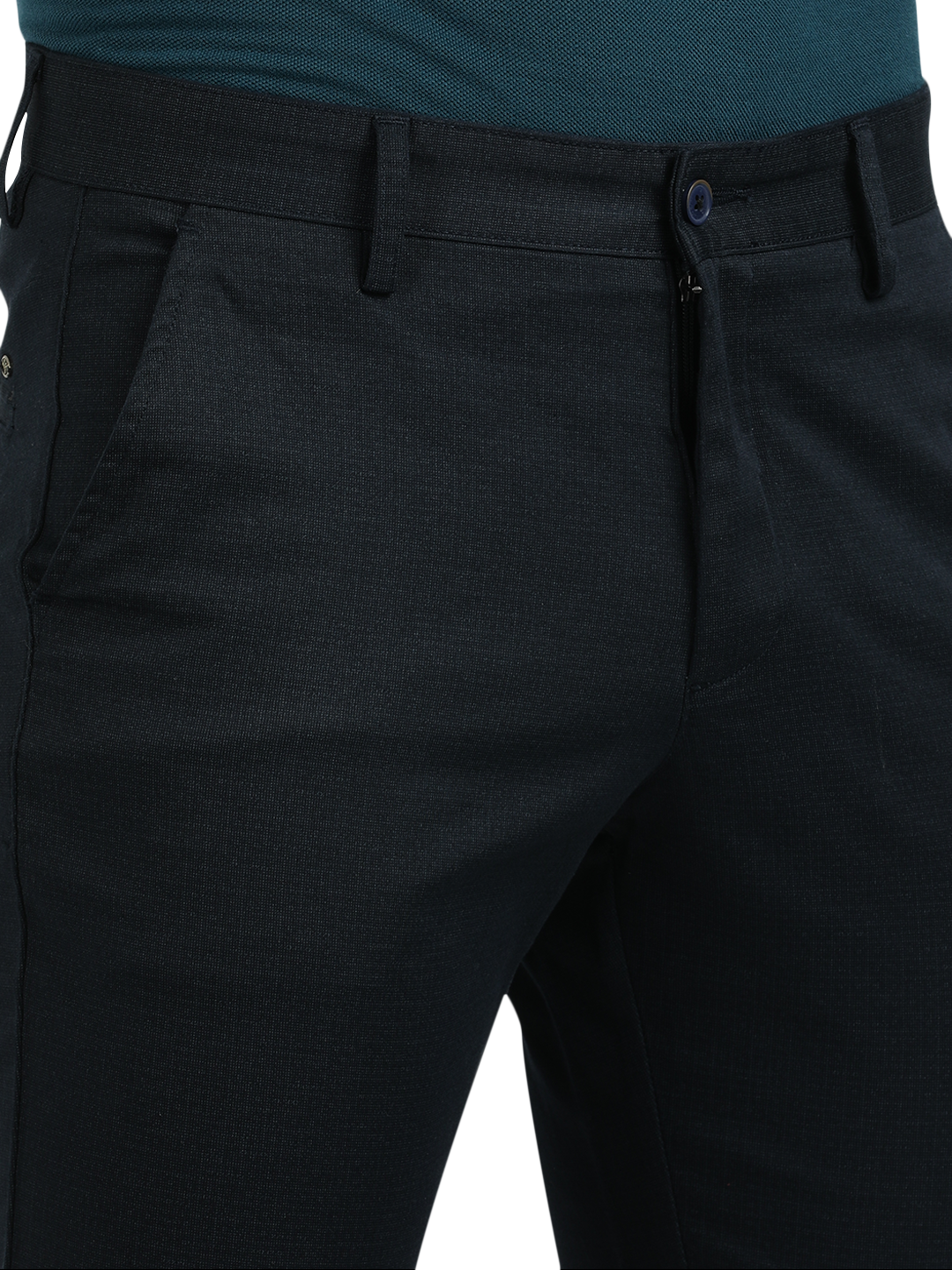 Model wearing Clarke Gable's Dark Navy Custom Fit Trousers in a casual setting