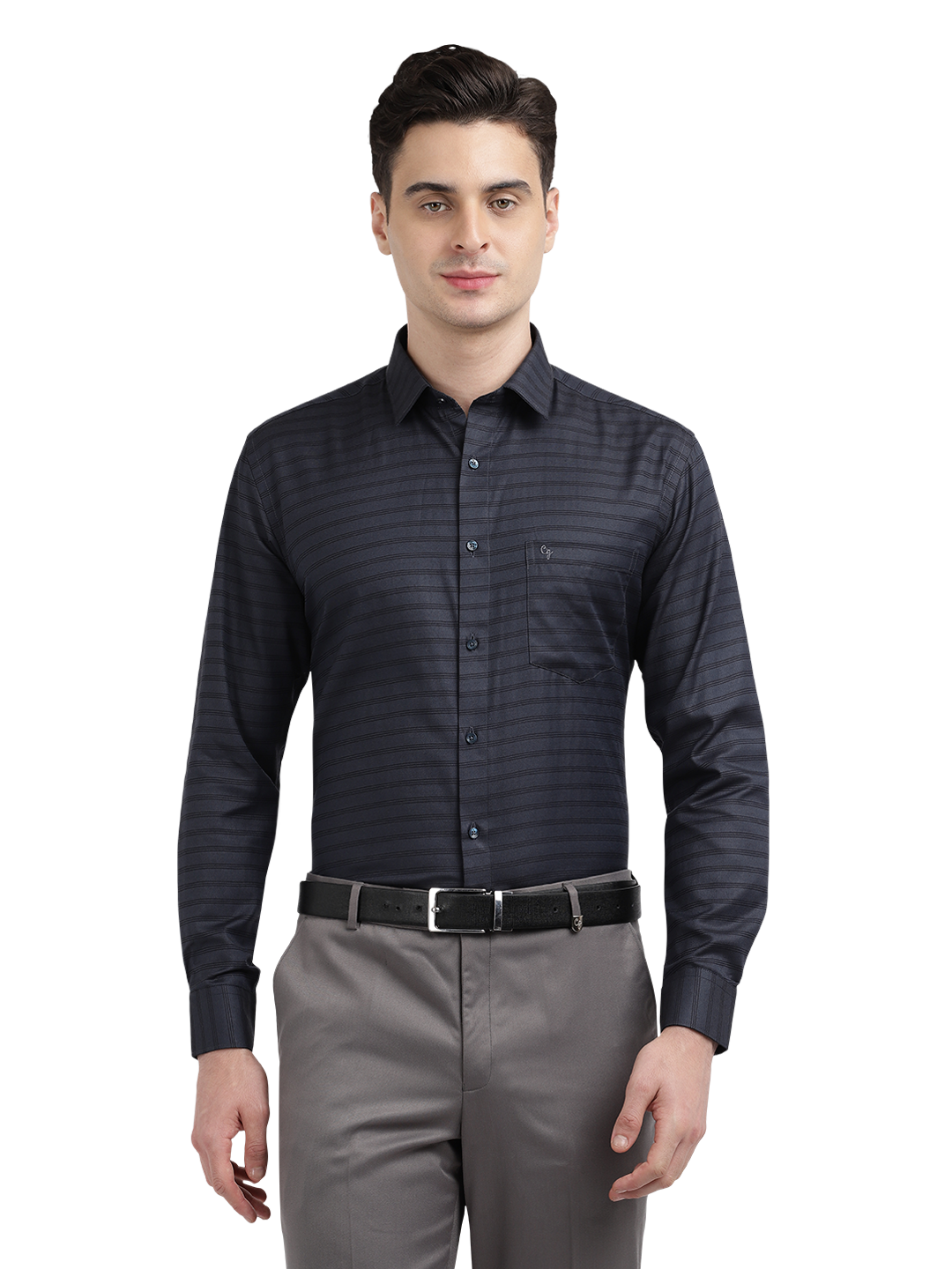 Model wearing Clarke Gable's Dark Navy Striped Formal Shirt in a casual setting