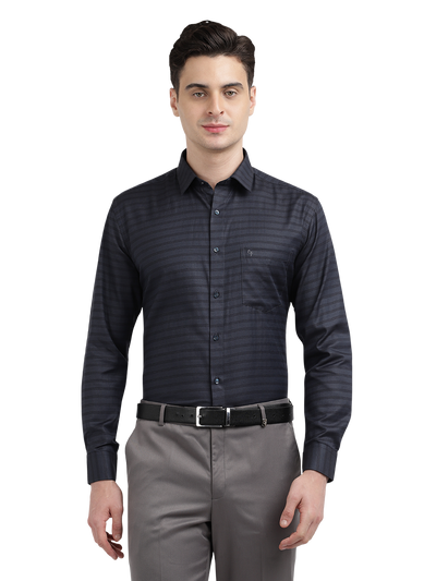 Model wearing Clarke Gable's Dark Navy Striped Formal Shirt in a casual setting