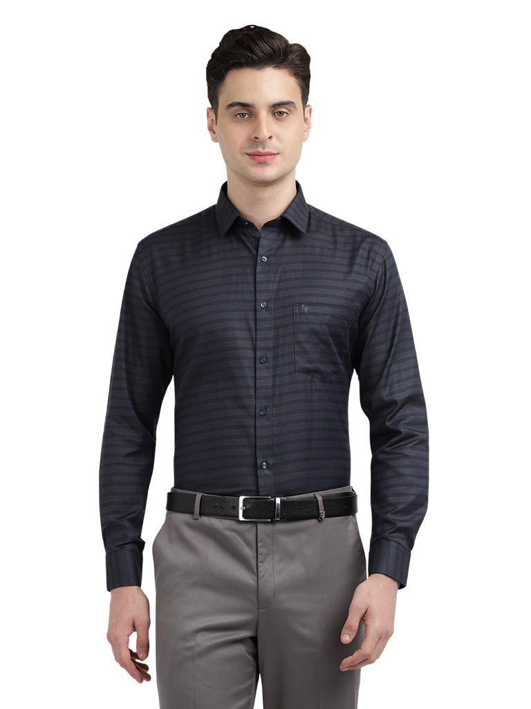 Model wearing Clarke Gable's Dark Navy Striped Formal Shirt in a casual setting