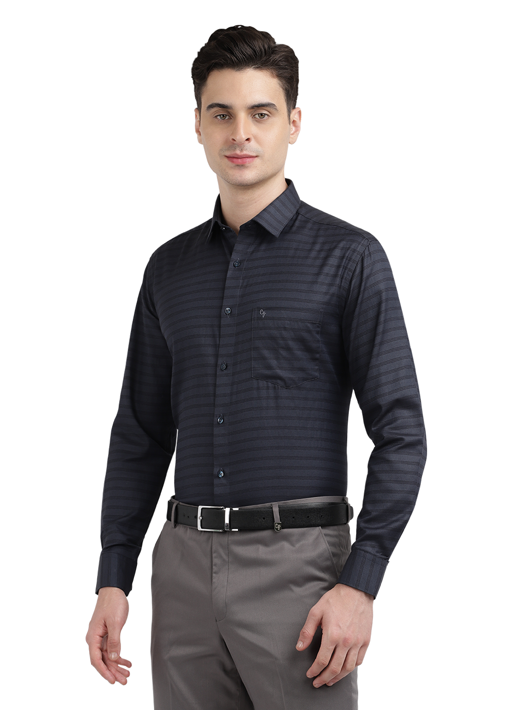 Model wearing Clarke Gable's Dark Navy Striped Formal Shirt in a casual setting