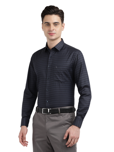 Model wearing Clarke Gable's Dark Navy Striped Formal Shirt in a casual setting