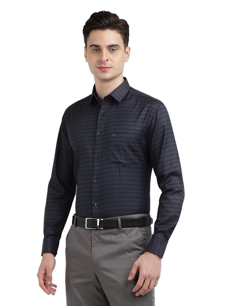 Model wearing Clarke Gable's Dark Navy Striped Formal Shirt in a casual setting