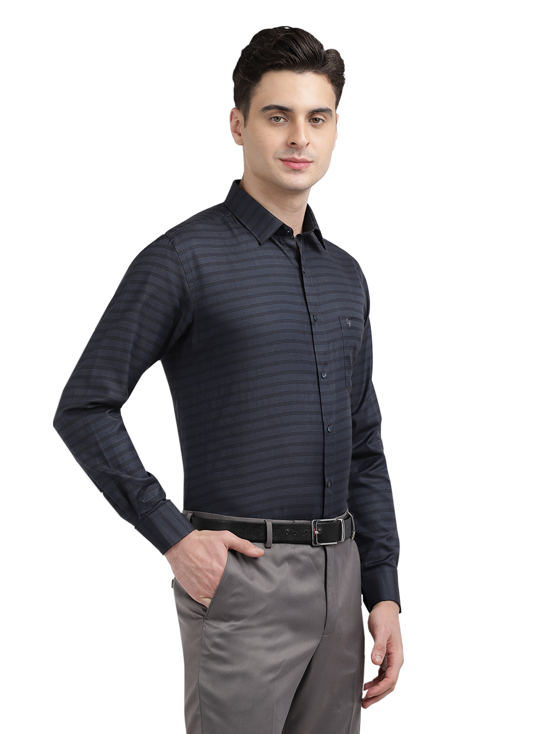 Model wearing Clarke Gable's Dark Navy Striped Formal Shirt in a casual setting