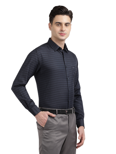 Model wearing Clarke Gable's Dark Navy Striped Formal Shirt in a casual setting