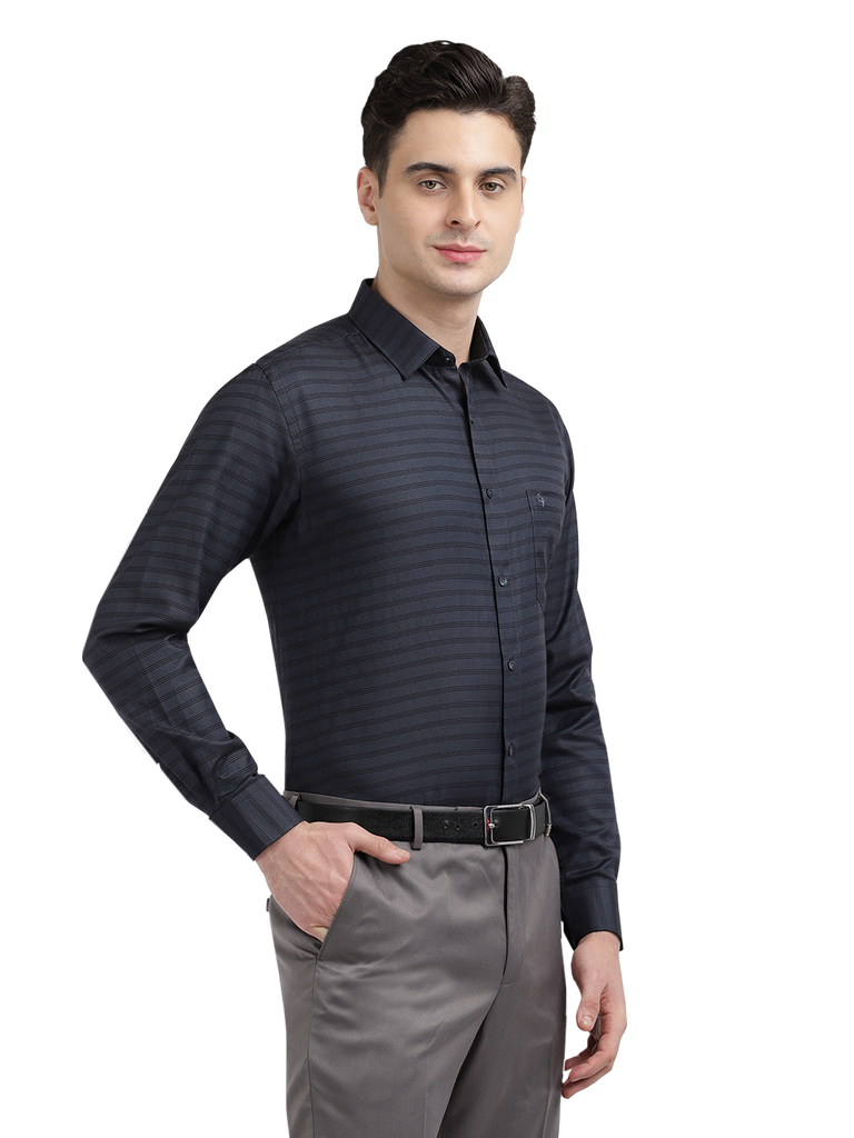 Model wearing Clarke Gable's Dark Navy Striped Formal Shirt in a casual setting