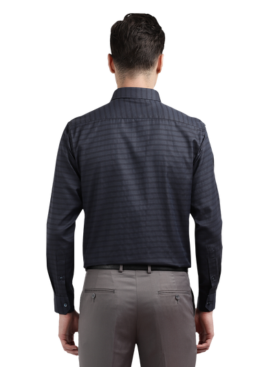 Model wearing Clarke Gable's Dark Navy Striped Formal Shirt in a casual setting