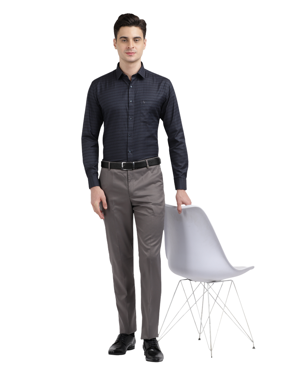 Model wearing Clarke Gable's Dark Navy Striped Formal Shirt in a casual setting