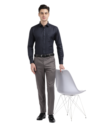 Model wearing Clarke Gable's Dark Navy Striped Formal Shirt in a casual setting