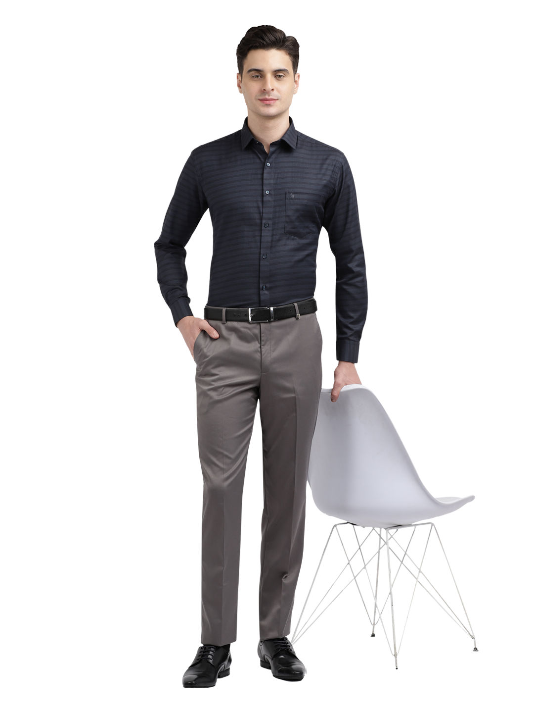 Model wearing Clarke Gable's Dark Navy Striped Formal Shirt in a casual setting