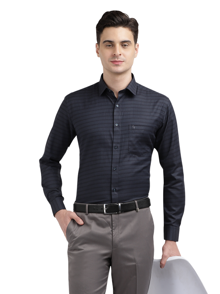 Model wearing Clarke Gable's Dark Navy Striped Formal Shirt in a casual setting