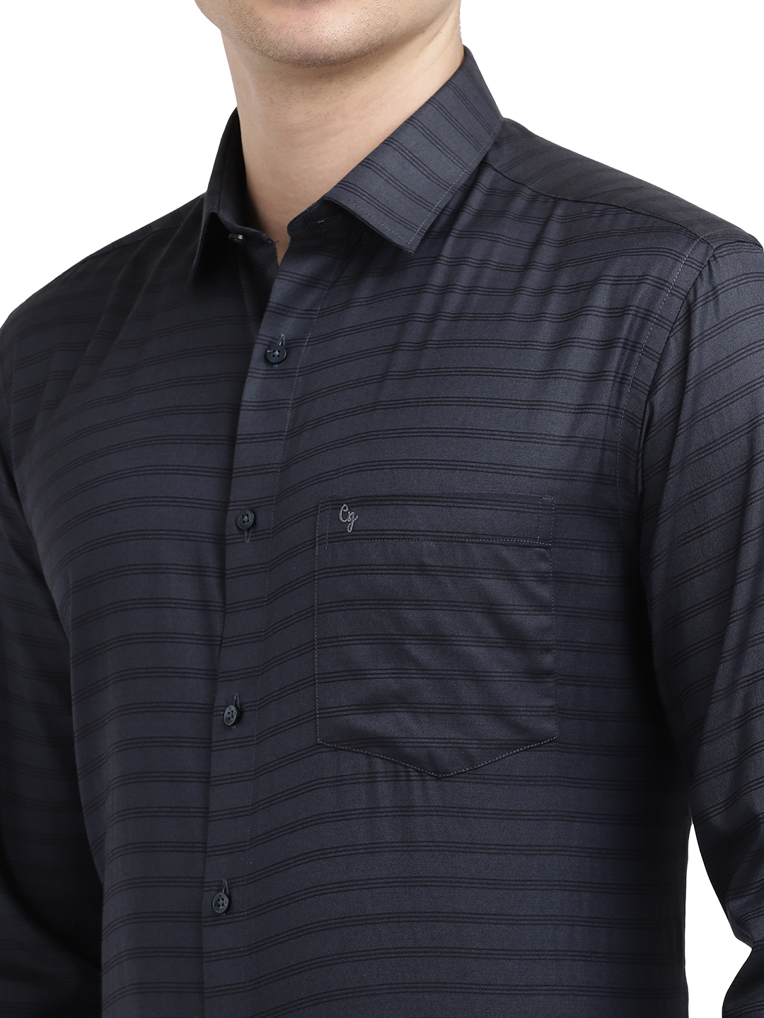 Model wearing Clarke Gable's Dark Navy Striped Formal Shirt in a casual setting