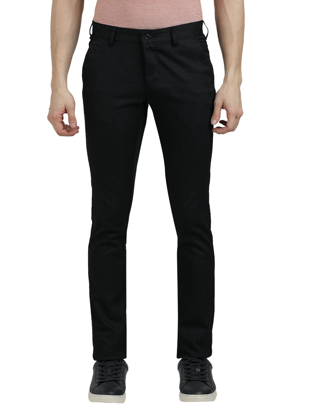 Model wearing Clarke Gable's Dark Navy Trim Fit Trousers in a casual setting