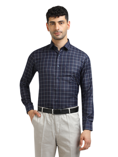 Model wearing Clarke Gable's Dark Navy With White Checked Formal Shirt in a casual setting