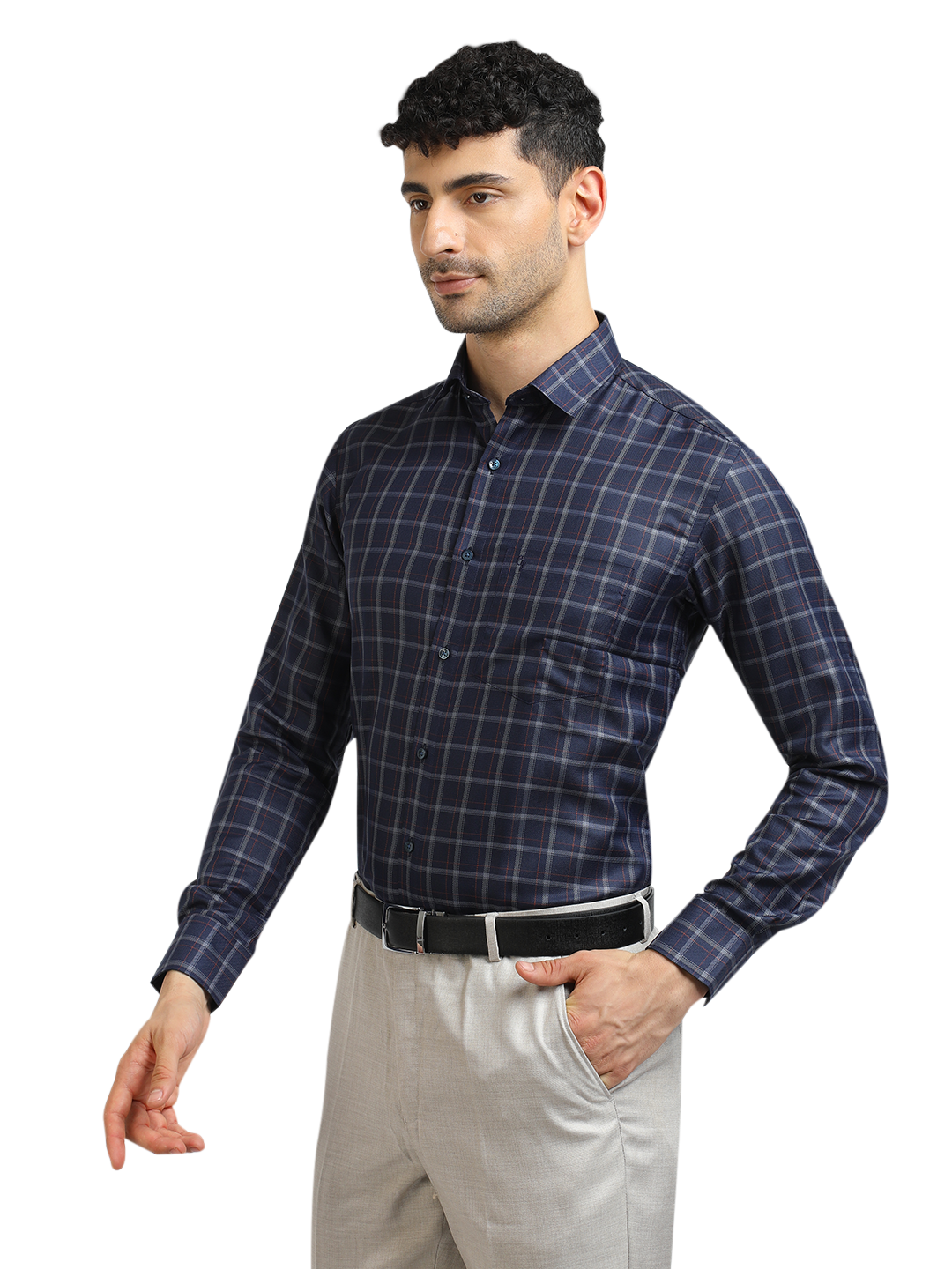 Model wearing Clarke Gable's Dark Navy With White Checked Formal Shirt in a casual setting