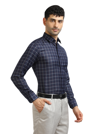 Model wearing Clarke Gable's Dark Navy With White Checked Formal Shirt in a casual setting