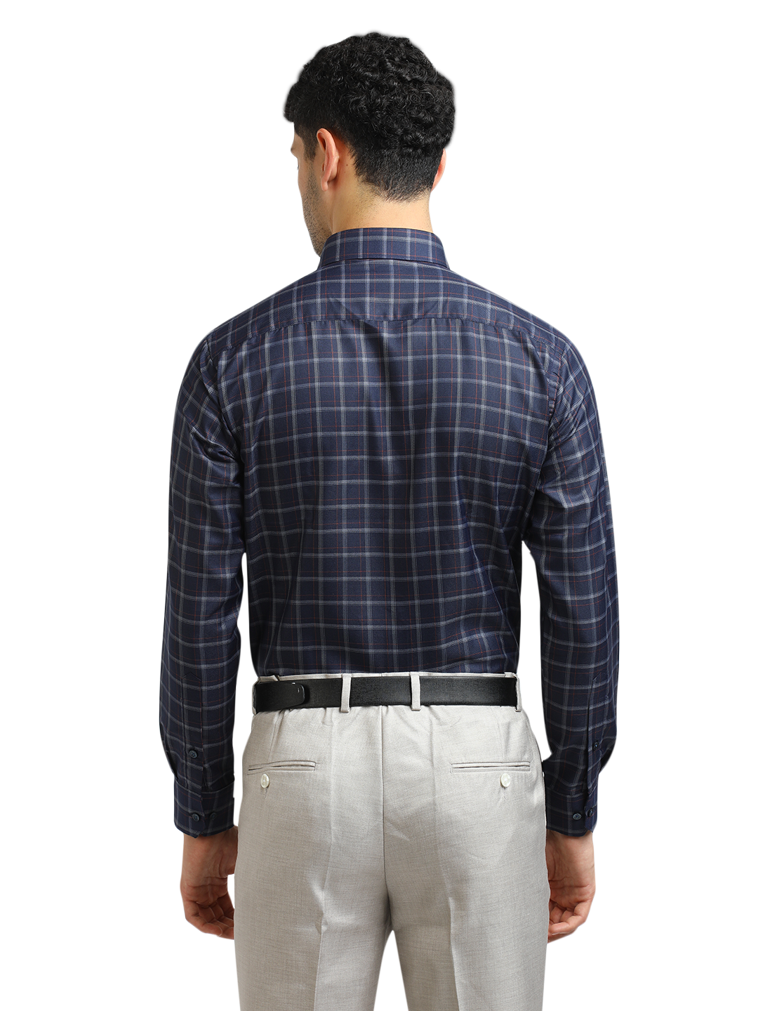 Model wearing Clarke Gable's Dark Navy With White Checked Formal Shirt in a casual setting