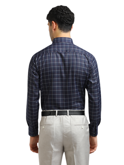 Model wearing Clarke Gable's Dark Navy With White Checked Formal Shirt in a casual setting
