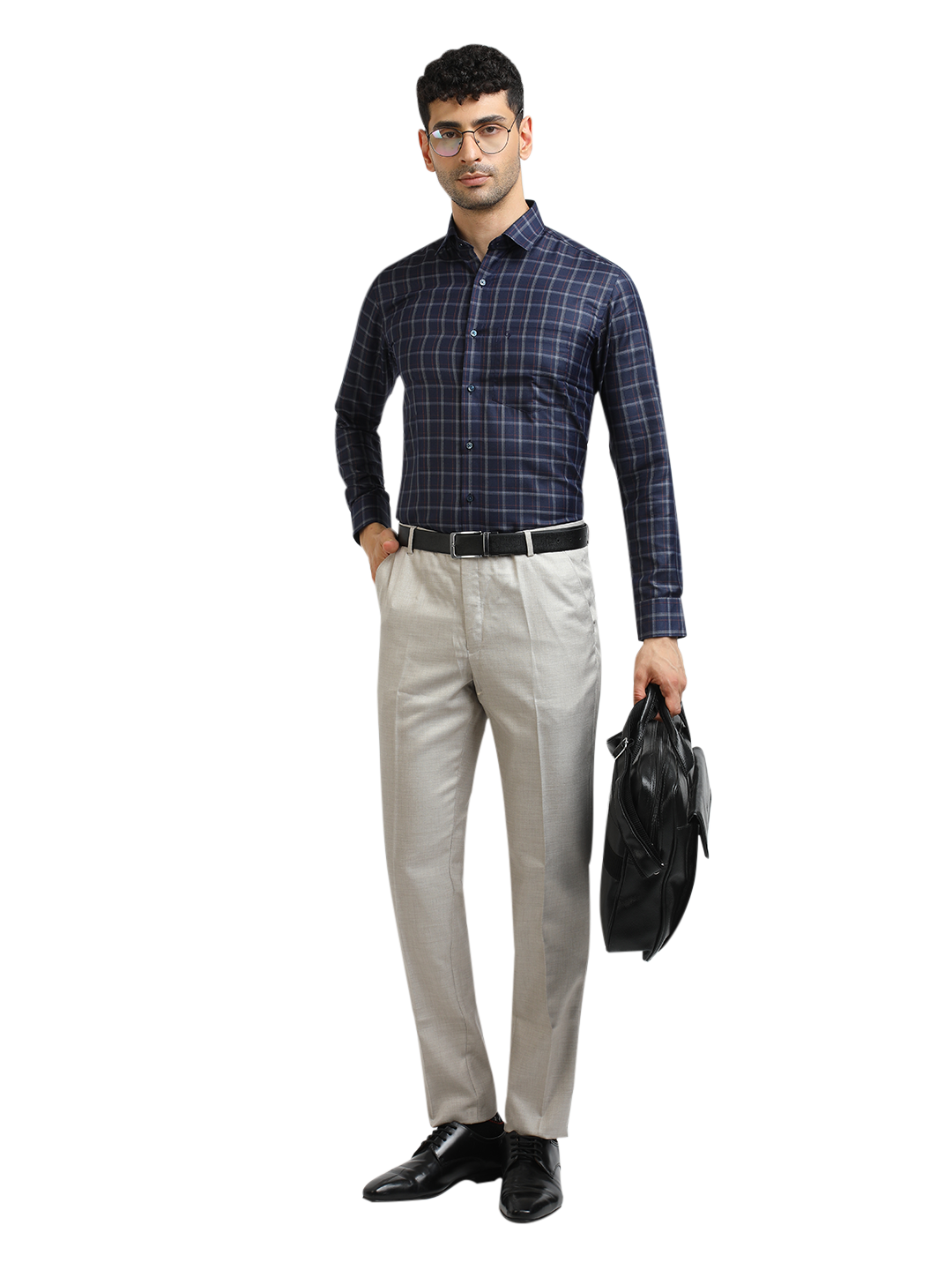 Model wearing Clarke Gable's Dark Navy With White Checked Formal Shirt in a casual setting