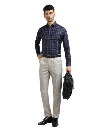 Model wearing Clarke Gable's Dark Navy With White Checked Formal Shirt in a casual setting