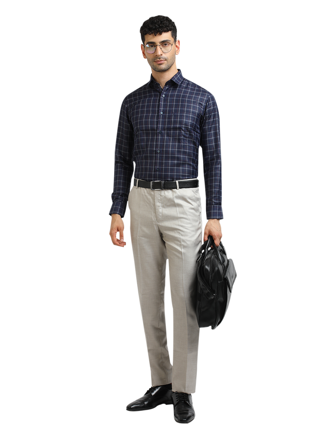 Model wearing Clarke Gable's Dark Navy With White Checked Formal Shirt in a casual setting