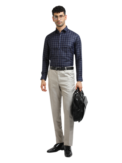Model wearing Clarke Gable's Dark Navy With White Checked Formal Shirt in a casual setting