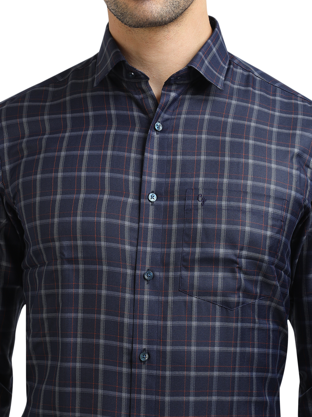 Model wearing Clarke Gable's Dark Navy With White Checked Formal Shirt in a casual setting