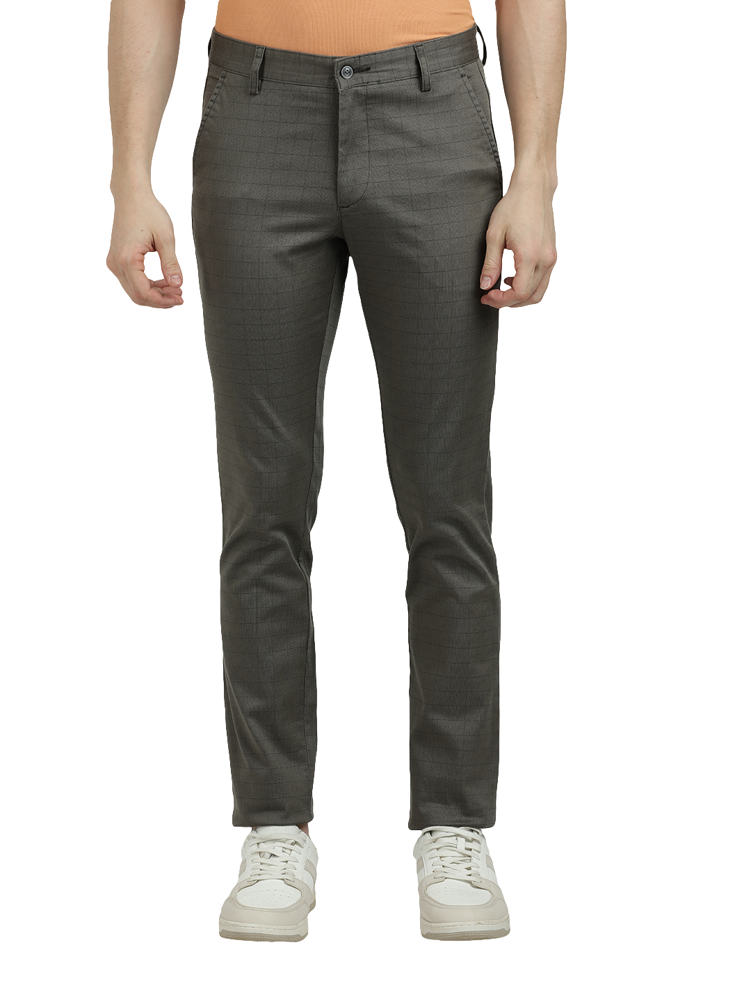 Model wearing Clarke Gable's Dark Olive Custom Fit Trousers in a casual setting