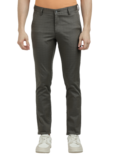 Model wearing Clarke Gable's Dark Olive Custom Fit Trousers in a casual setting