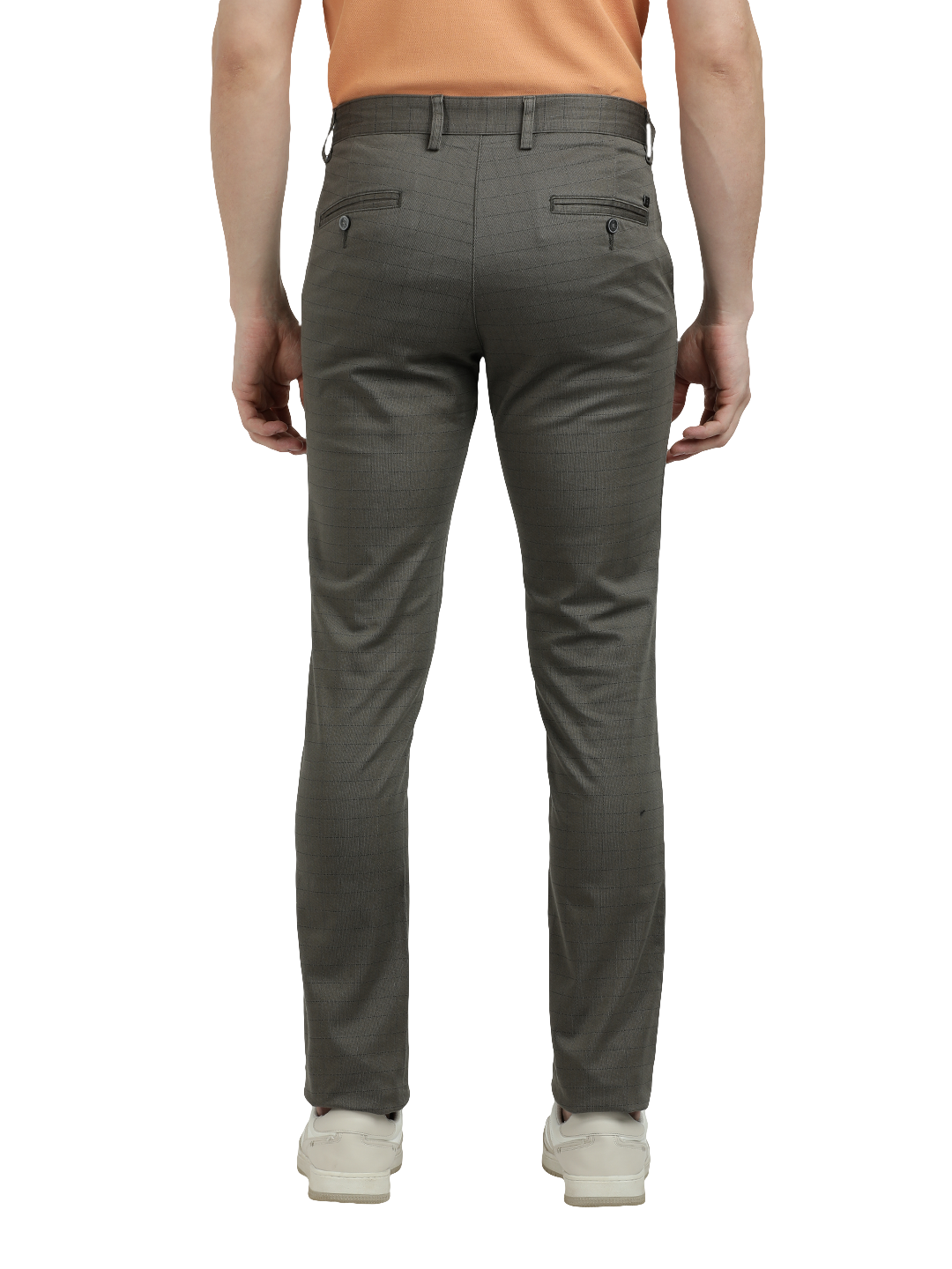 Model wearing Clarke Gable's Dark Olive Custom Fit Trousers in a casual setting