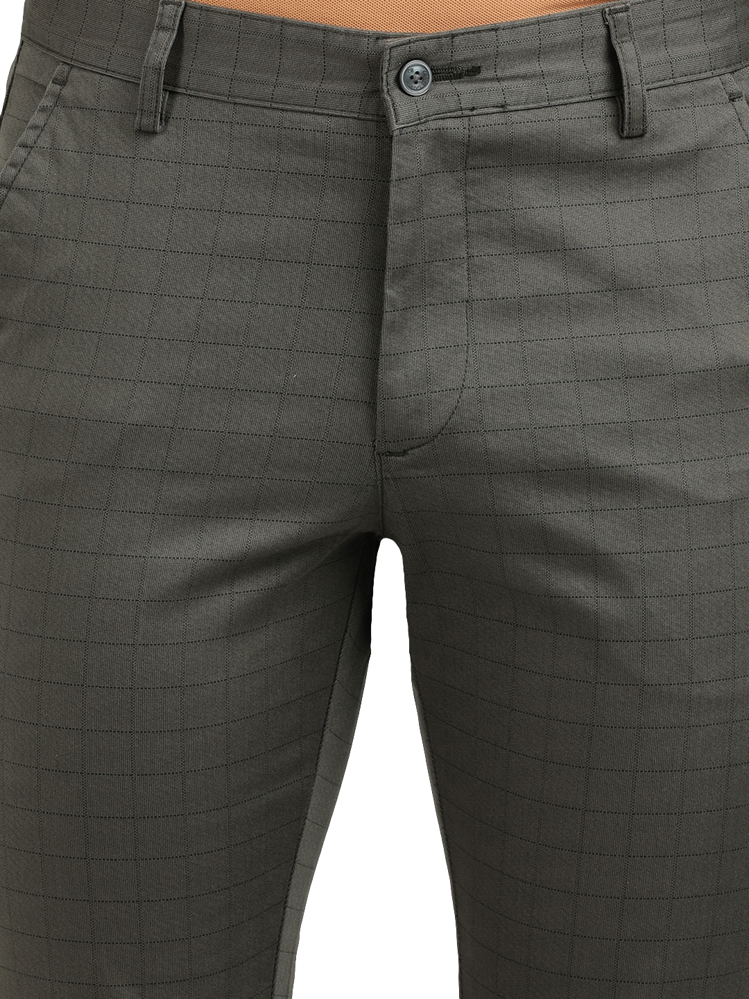 Model wearing Clarke Gable's Dark Olive Custom Fit Trousers in a casual setting