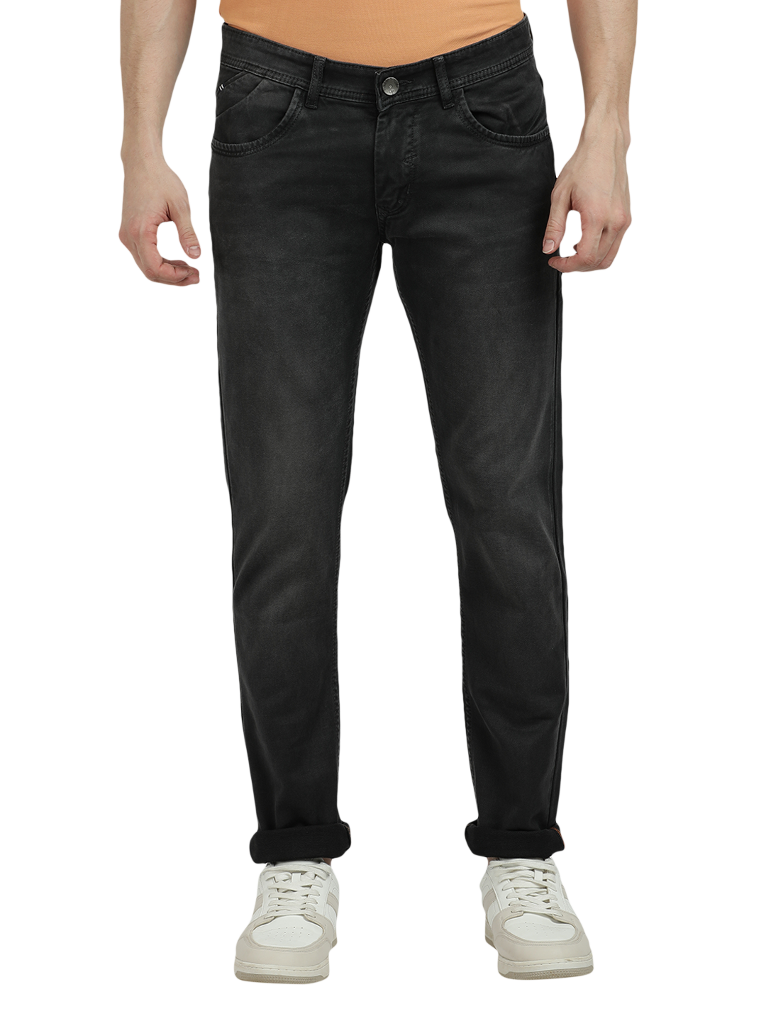 Model wearing Clarke Gable's Dark Olive Tinted Skinny Fit Jeans in a casual setting