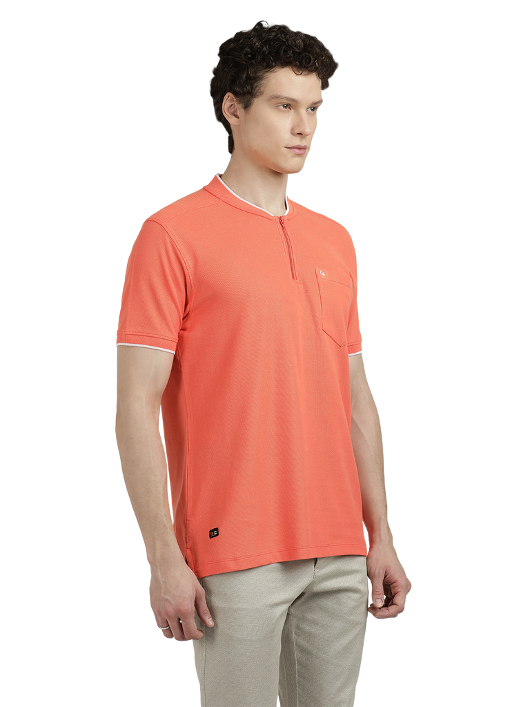 Model wearing Clarke Gable's Dark Orange Solid Henley Neck T-Shirt in a casual setting