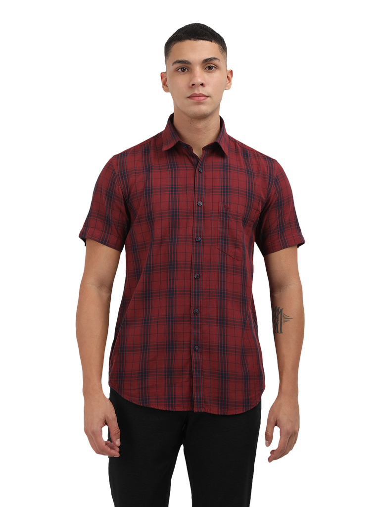 Model wearing Clarke Gable's Dark Red With Blue Checked Semi Casual Shirt in a casual setting