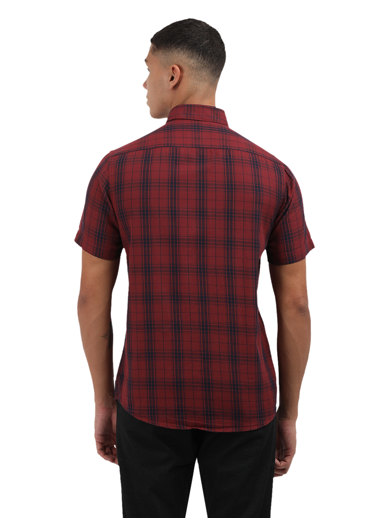 Model wearing Clarke Gable's Dark Red With Blue Checked Semi Casual Shirt in a casual setting